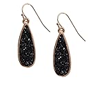 Humble Chic Simulated Druzy Petal Drop Dangles - Sparkly Bezel Set Teardrop Earrings, Black, Simulated Onyx, Gold-Tone