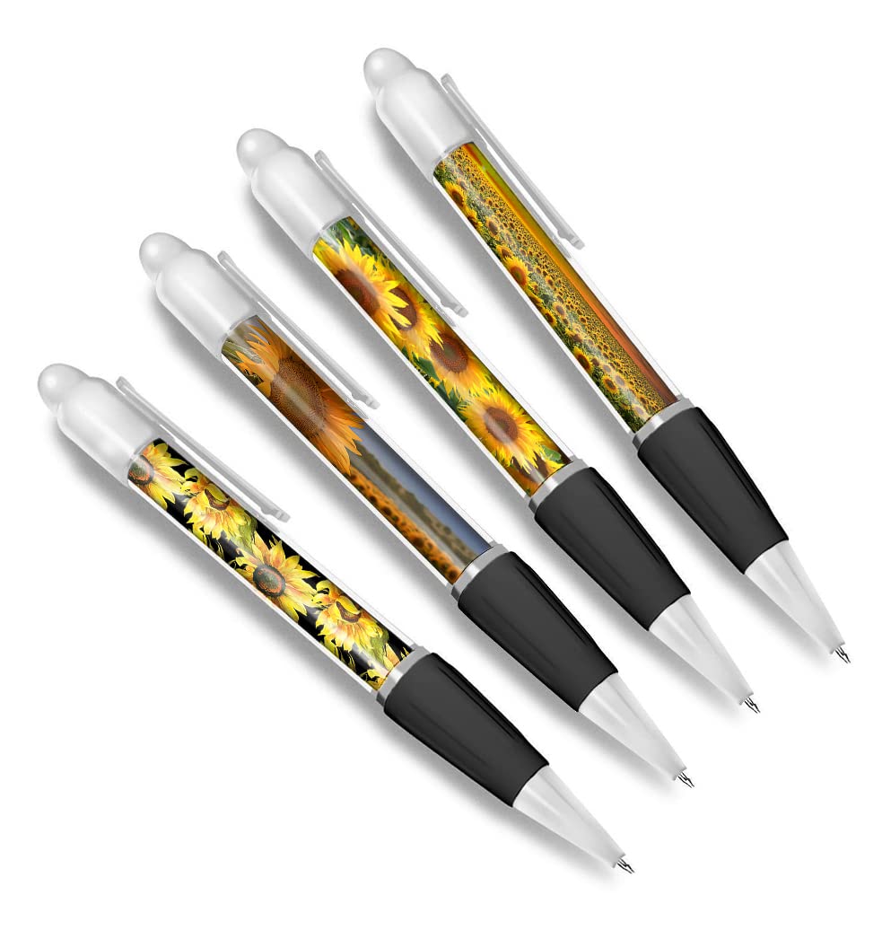 DV DESIGN Set of 4 Sunflower White Ballpoint Pens - Floral Flowers Field Pattern Print Spring Friends Boys Girls Men Women Theme Pen #79356