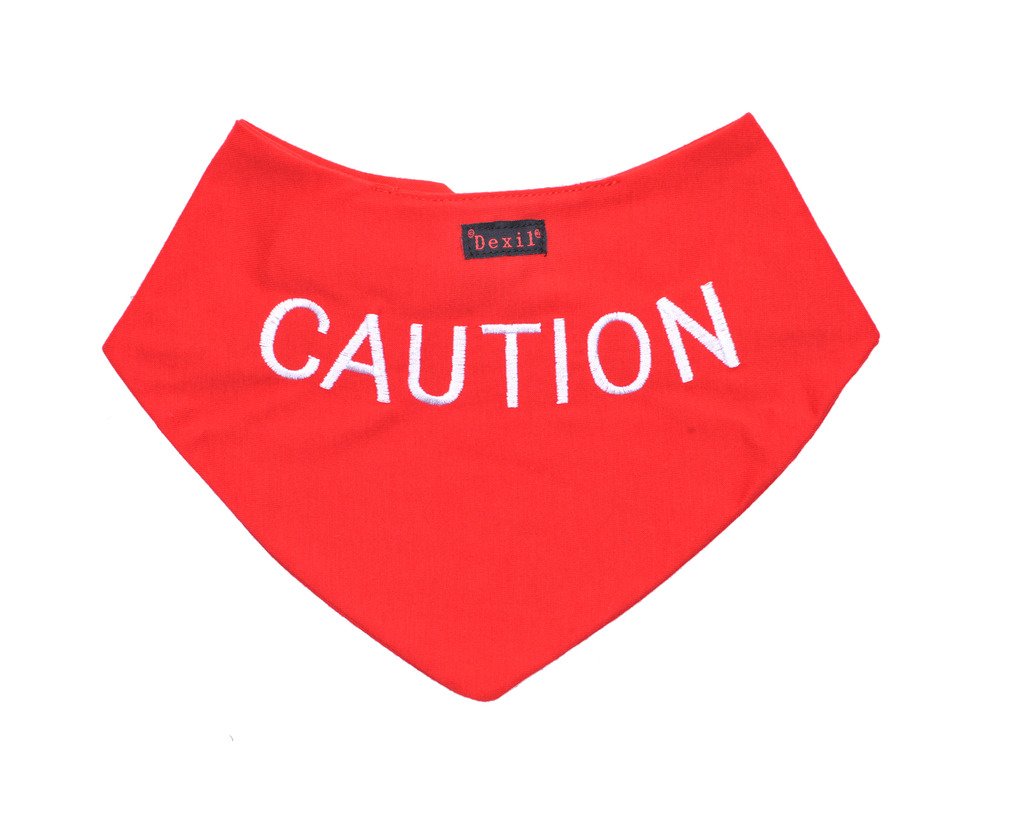 Dexil CAUTION Red Dog Bandana Quality Personalised Embroidered Message. Neck Scarf Fashion Accessory. PREVENTS Accidents By Warning Others Of Your Dog In Advance
