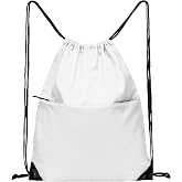 BuyAgain Drawstring Backpack Sports Water Resistant String Bag Sport Gym Sackpack for Women Men Large with Zipper, White