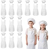 IAGBIBUI Kids Apron and Chef Hat Set, 24 Pieces Boys Girls Kids Apron with 2 Pockets Adjustable for Cooking Classroom Baking Painting, 6-13 Years, White