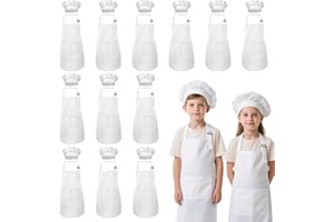 IAGBIBUI Kids Apron and Chef Hat Set, 24 Pieces Boys Girls Kids Apron with 2 Pockets Adjustable for Cooking Classroom Baking Painting, 6-13 Years, White