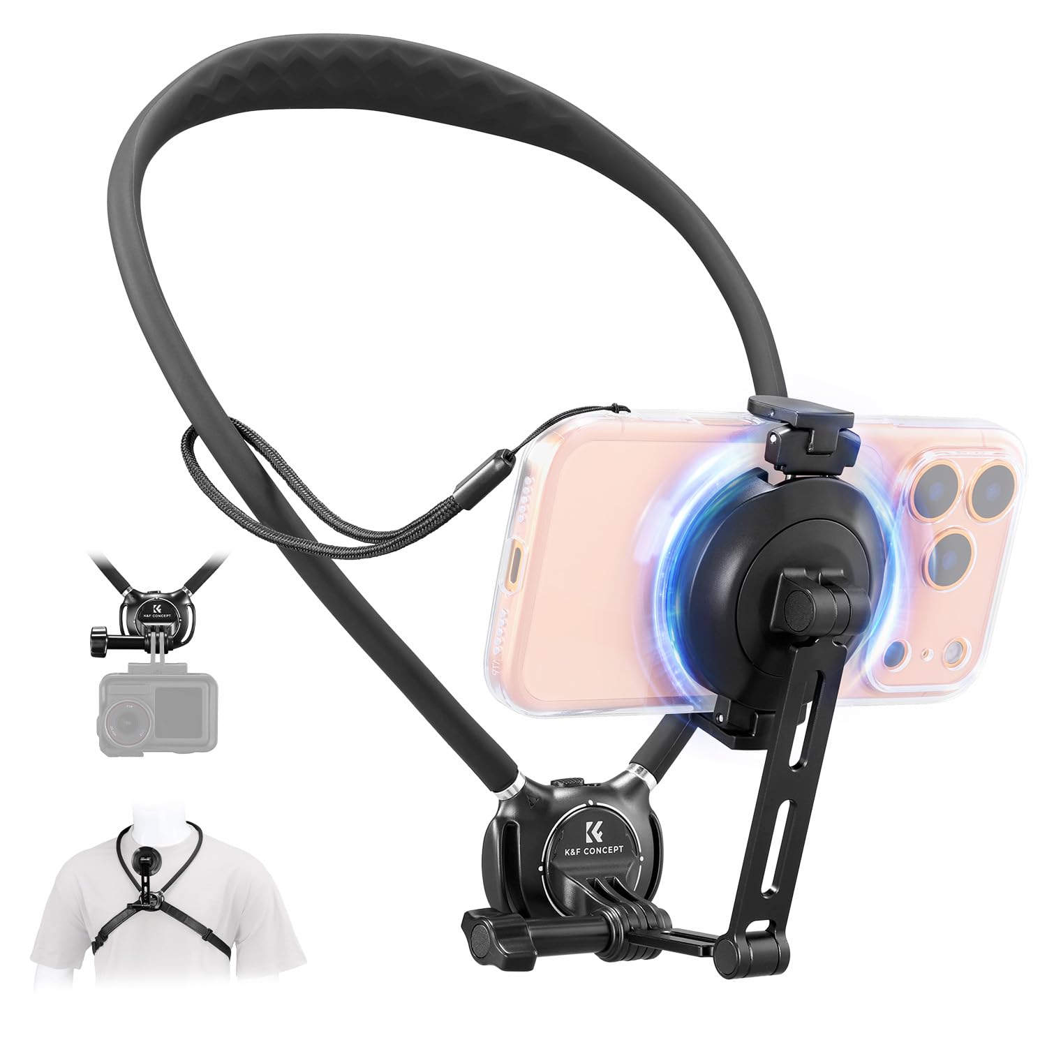 Photo 1 of K&F CONCEPT Neck Phone Holder, 2-in-1 Magnetic & Clip-on Phone Neck Holder, POV Phone Holder, Hand Free Chest Stand Compatible with iPhone 17-12 Seires Android Phones