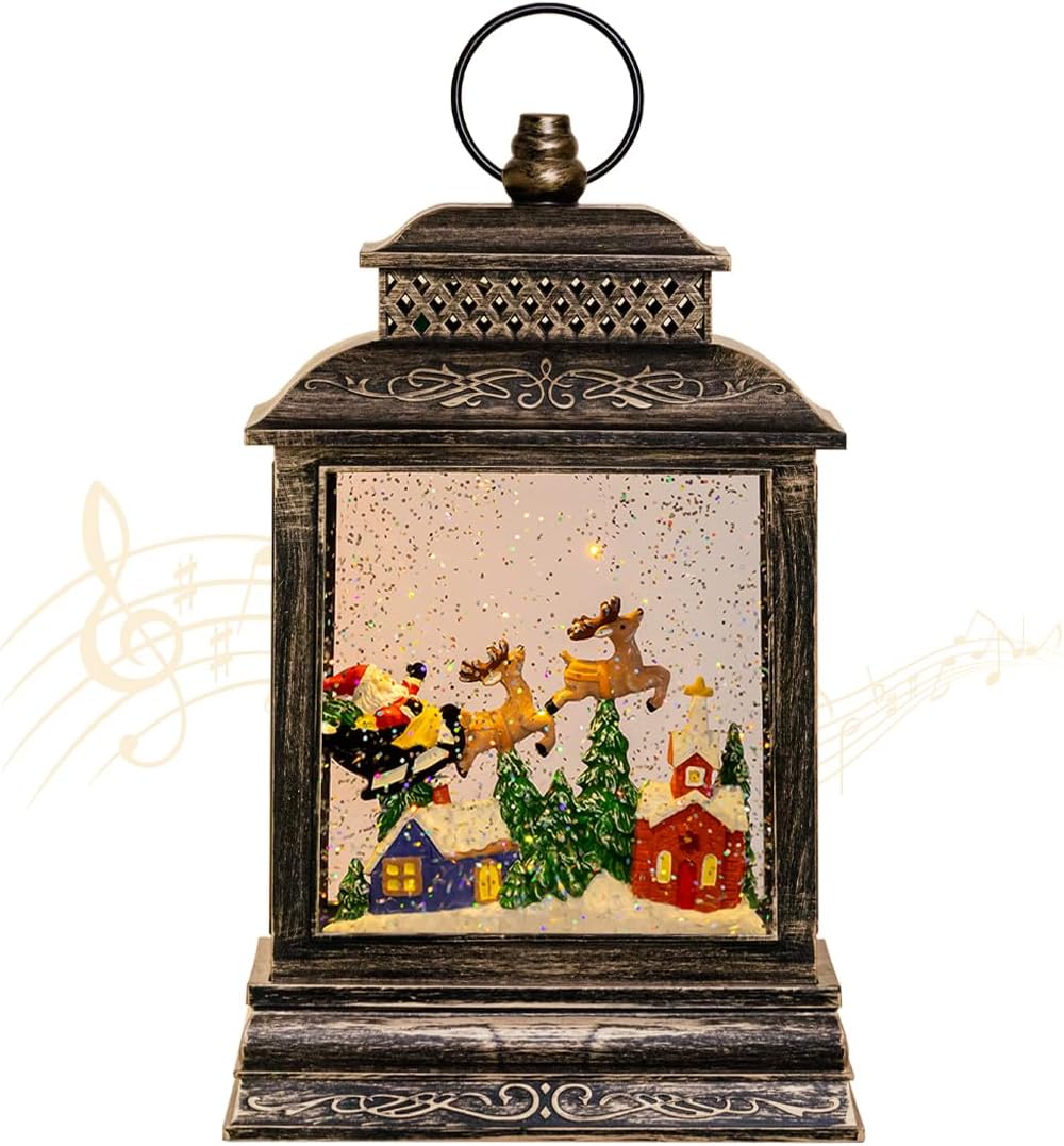 Snow Globes - GOOSH Lighted Christmas Snow Globe Lantern, Santa Reindeer Sled Fly Over Town in Musical Decoration Gift with Battery Operated LED Water Glittering Music Playing with 6H Timer Home Decor