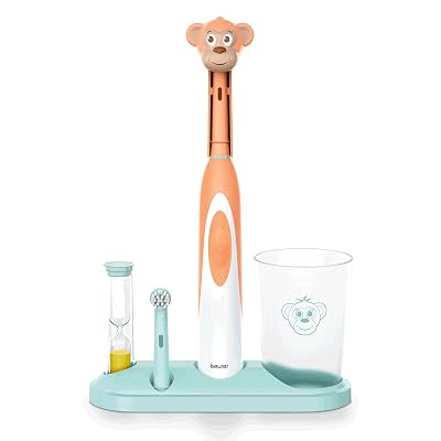 Beurer TB10 Kids Electric Toothbrush Kit - Fun Milo The Monkey Cap with 2 Extra-Soft Brush Heads to Help Remove Plaque, 2 Minute Timer, and Rinse Cup, BPA-Free, Safe for Ages 3+