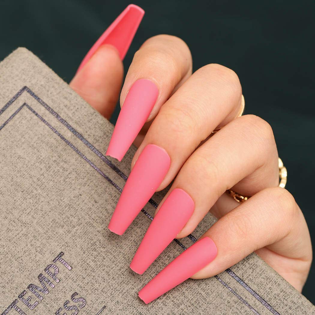 Bohend Long Coffin False Nails Matte Gradient Fake Nail Ballernia Party 24 Pcs Press on Nail for Women and Girls (Pink)