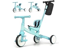 Phobby 5 in 1 Toddler Tricycle with Steering Push Handle for 1 2 3 4 Years Old, Kids Trike with Removable Pedals, First Riding Toy Birthday Gift for Boys Girls, Blue