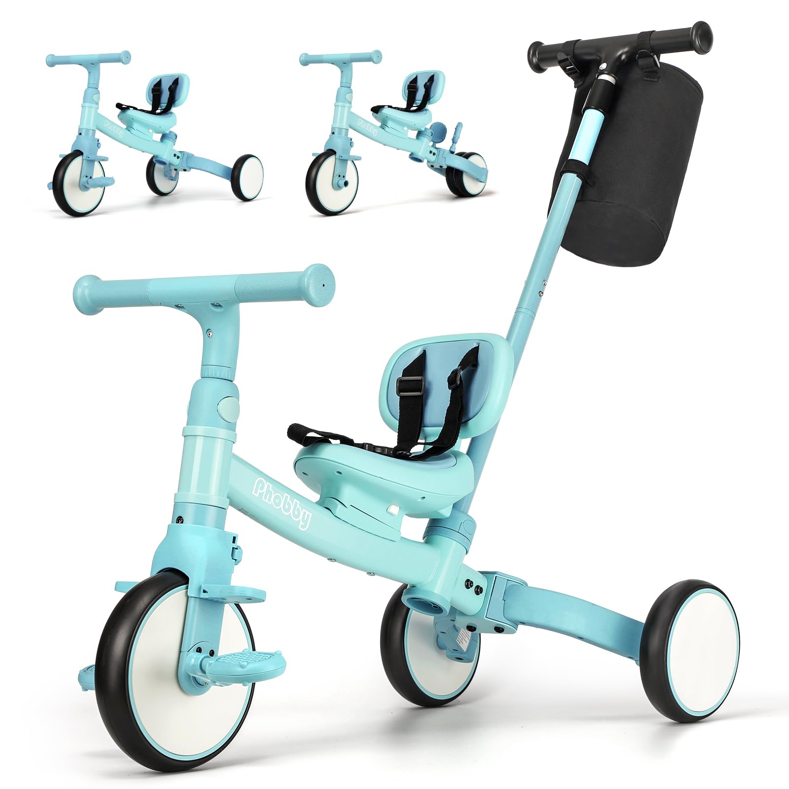 Photo 1 of Phobby 5 in 1 Toddler Tricycle with Steering Push Handle for 1 2 3 4 Years Old, Kids Trike with Removable Pedals, First Riding Toy for Boys Girls Birthday Gift, Blue