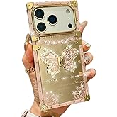 AuroiCYY for iPhone 17 Pro Max Butterfly Stand Case, Glitter Bling Foldable Kickstand Woman Girls Mirror Back Golden Plated Shockproof Protective Elegant Cute Soft Cover for iPhone 17 Pro Max, Pink