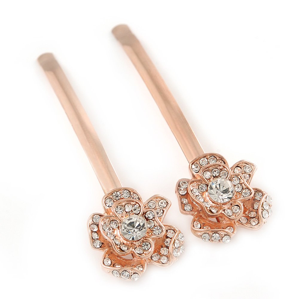 2 Bridal/Prom Clear Crystal Flower Hair Grips/Slides In Rose Gold Tone - 60mm Across