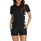 Tournesol Women's Rash Guard 2 Piece Short Sleeve Swim Shirt with Shorts Swimsuit with Bra Bathing Suit Plus Size with Pocket