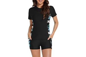 Tournesol Women's Rash Guard 2 Piece Short Sleeve Swim Shirt with Shorts Swimsuit with Bra Bathing Suit Plus Size with Pocket