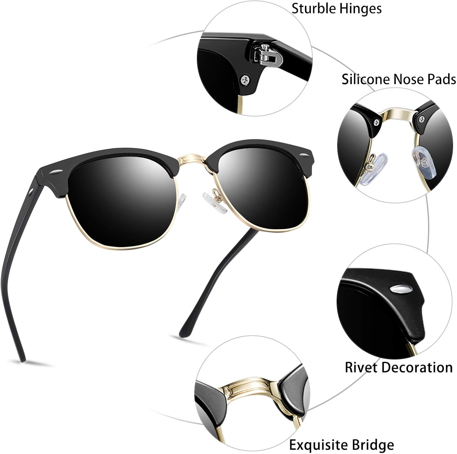 KANASTAL Gold Black Sunglasses Womens Mens Polarised Semi Rimless Retro Horn Rimmed Half Frame dark Laides UV Female Vintage - Image 4