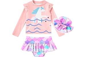 Cutemile Little Girls Rash Guard Set 3 Piece Swimsuit with Hat UPF 50+ Long Sleeve Swimwear 1-6 Years