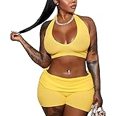 AIBUSIS 2 Piece Sets for Women Ribbed Knit Sleeveless Hollow Tie Down Back Halter Top and Fold Over Shorts Bodycon Cute Set