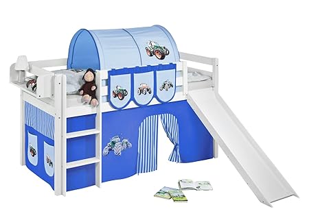 Lilokids Spielbett JELLE mit Rutsche und Vorhang Kinderbett Holz weiß 208 x 98 x 113 cm