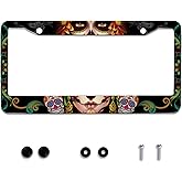 Personalise Sugar Skull Retro License Plate Frame Colorful Candy Skulls License Plate Car Universal Stainless Steel Accessories Cars Decor 2 Holes Screws Fits Standard US Vehicles Size 12.2 x 6 Inch
