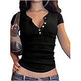 RoseSeek Women's Button Up Henley T Shirts Short Sleeve Crewneck Crop Tops Casual Tight Tees