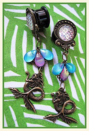 The Siren Sings Mermaid dangle stretched ear PLUGS pick gauges 2g, 0g, 00g, 7/16", 1/2", 9/16", 5/8", 11/16" aka 6, 8, 10, 12, 14, 16, 18mm
