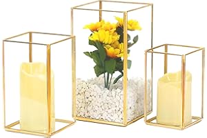 YSHENGOOD Gold Candle Holder 3PCS Glass Hurricane Candle Holder Gold Glass Hurricane Candle Holder, Square Hurricane Candle Centerpieces for Tables Decorative, Wedding, Party