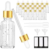 PrettyCare Glass Eye Dropper Bottles 24 Pack, 1oz (30ml) Clear Empty Thick Bottles Bulk with Leakproof Golden Caps - With Labels & Funnels for Storage, Travel, Essential Oils, Cuticle Oils, Tinctures