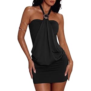 Women's Halter Mini Dress Y2K Ruffle Backless Sleeveless Bodycon Going Out Dress Western Club Party Button Sexy Dresses