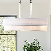 DWLGIGH 33.4" Modern Dining Room Chandelier, 4-Light Linear Chandelier with White Double Oval Linen Shade Large Hanging Penda