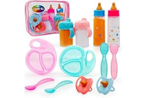 TAKEN ALL Baby Doll Accessories Magic Bottle set Magic Disappearing Milk Juice Bottles Sippy Cups with Pacifiers Bowl Spoons, Doll Bottle Toys Feeding Pretend Playset for Kids Girls Ages 3+ (Middle set(12pcs))