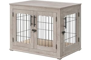 beeNbkks Furniture Style Dog Crate End Table, Double Doors Wooden Wire Dog Kennel with Pet Bed, Decorative Pet Crate Dog House Indoor Medium Large