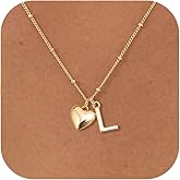 GUOKE Gold Heart Initial Necklace for Women - 14K Gold Plated Heart Letter Pendant Necklace Dainty Beaded Chain Personalized Jewelry Everyday Gift