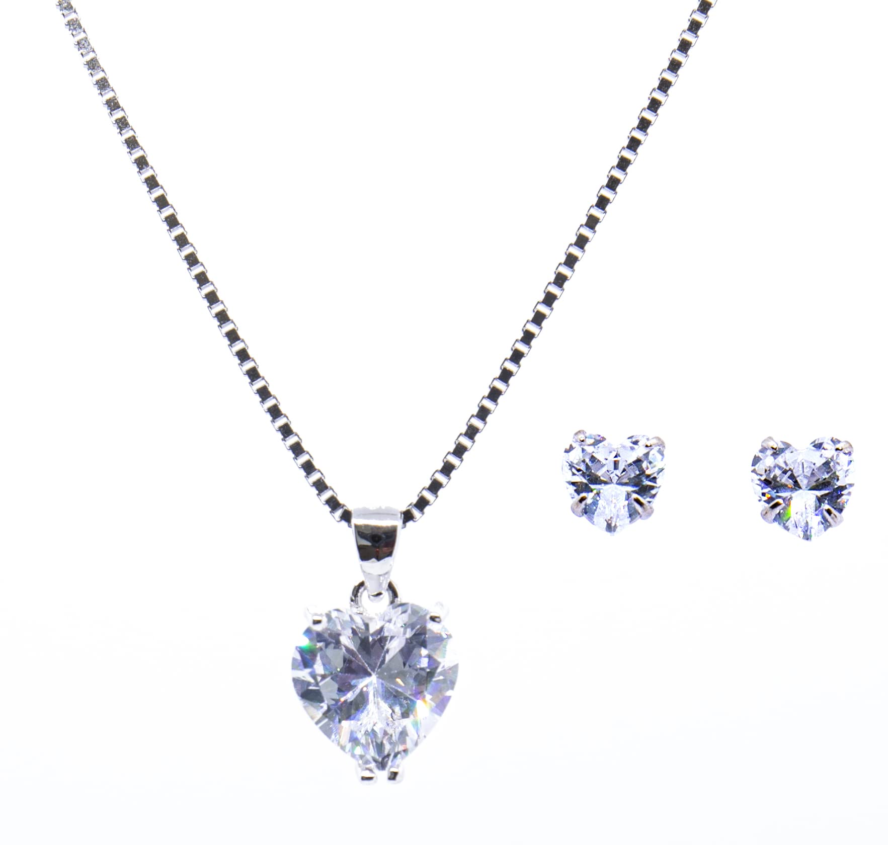 House of Pitroda White cubic zircon heart diamond necklace set, 925 silver sterling, gift for her