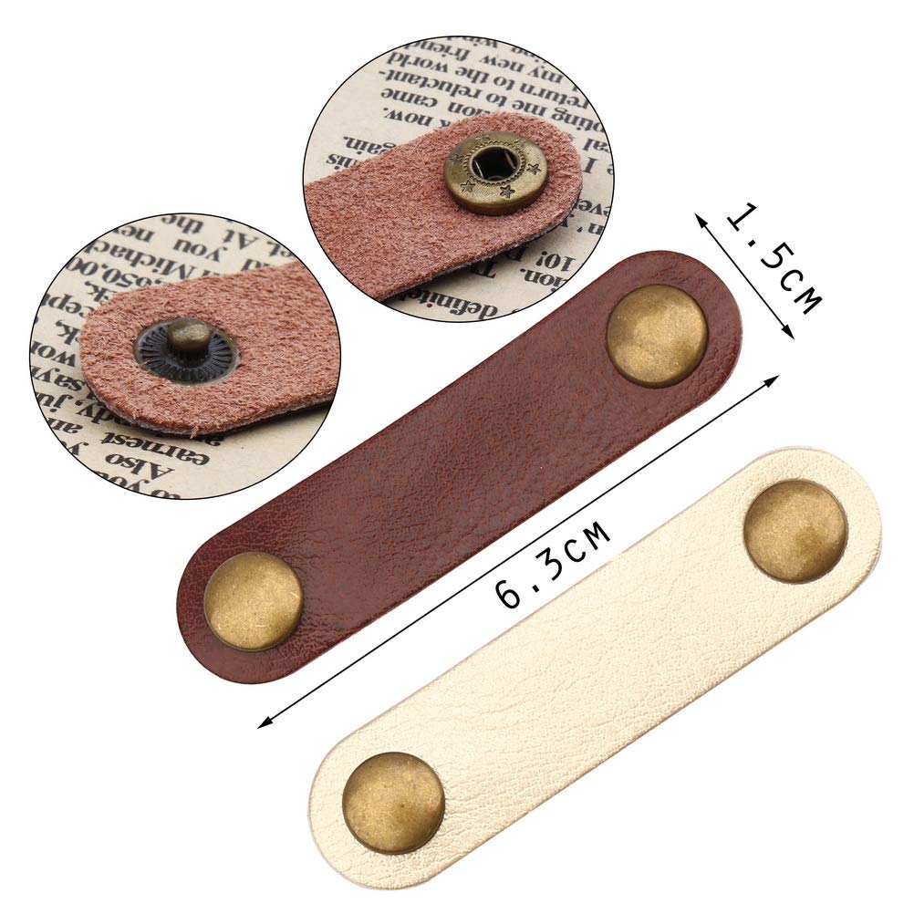 10 Pcs Cord Organizer, Portable Leather Cable Cord Stocking Stuffers for Men USB Straps Earphone Winder with Leather Handmade (Brown/white)