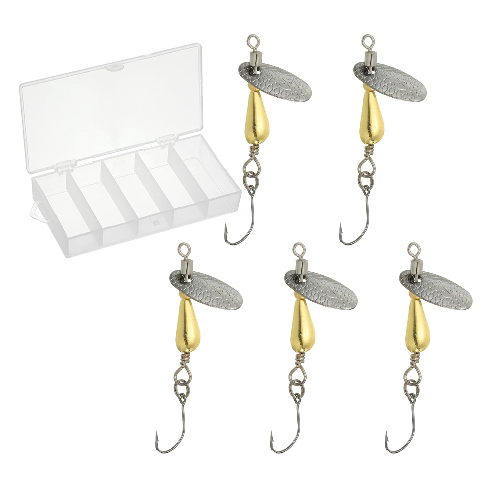 PATIKIL Fishing Spinners 1/6 oz, 5 Pack Single Hook Trout Lures Teardrop Fishing Lures Inline Spinner with Tackle Boxes for Freshwater Saltwater Fishing, Gold Tone