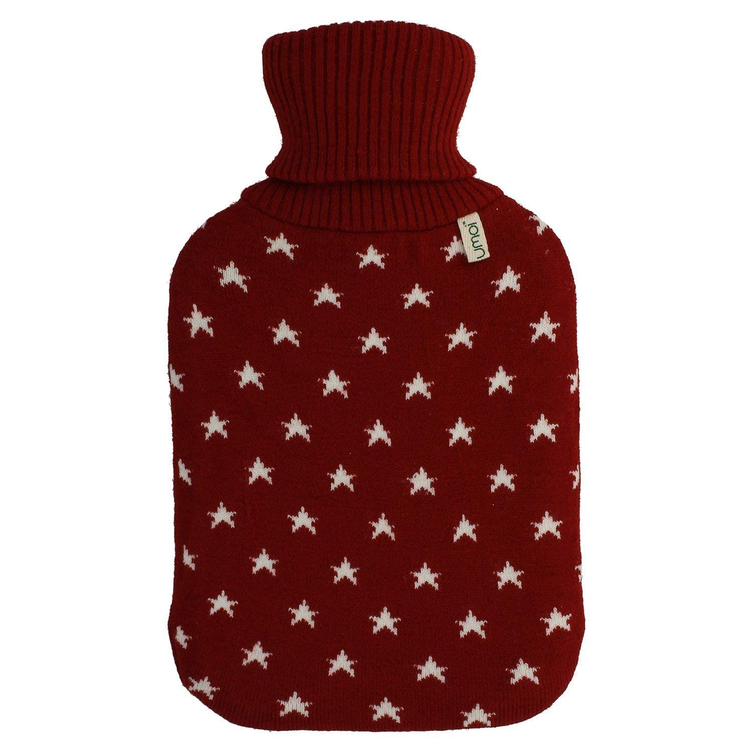 UMOI Hot-Water Bottle 2 litres with Knitted Cosy Removable Cover Star Pattern - new Model (Red Star)