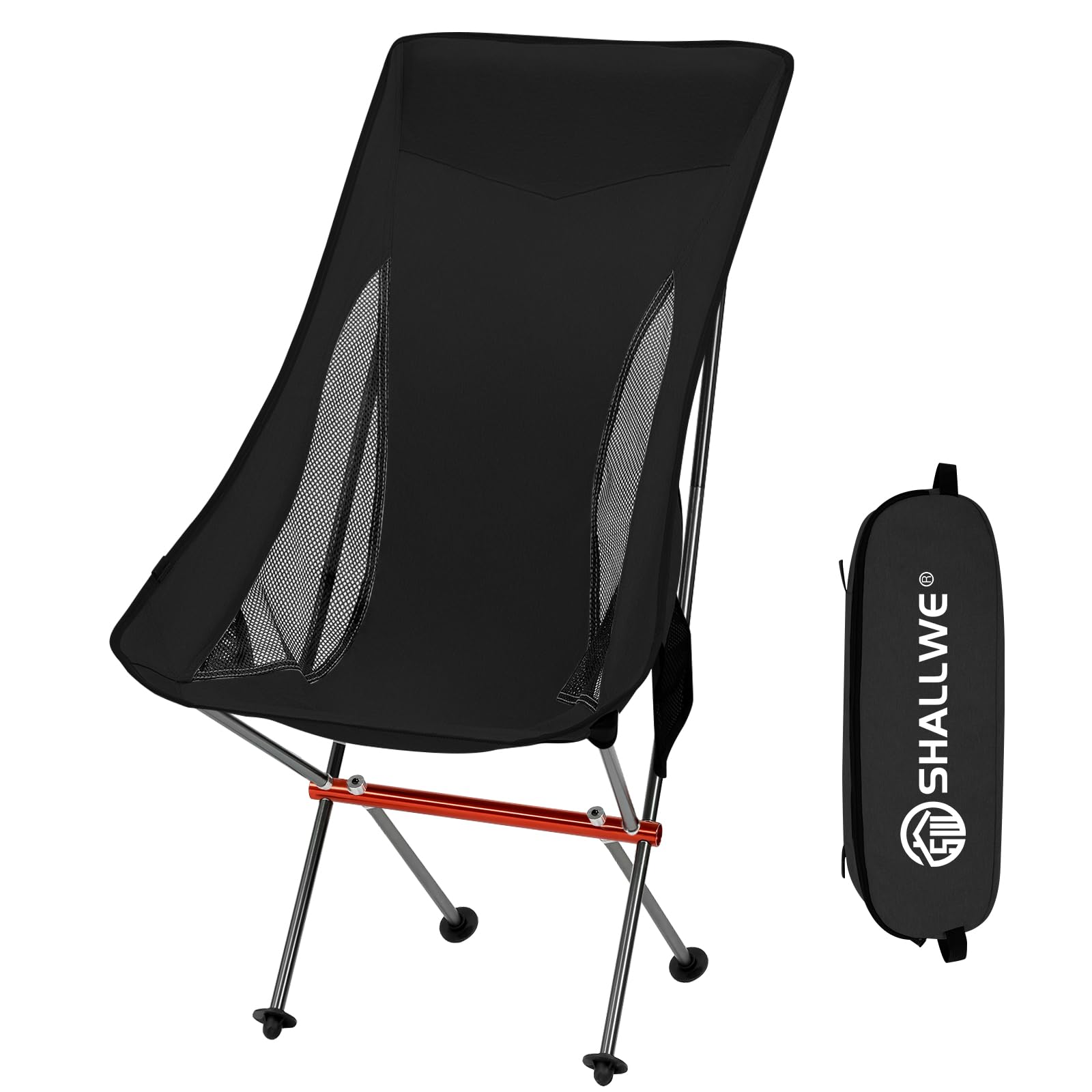SHALLWE Ultralight High Back Folding Camping Chair, Upgraded All Aluminum Structure, Built-in Pillow, Side Pocket & Carry Bag, Compact & Heavy Duty for Outdoor Backpacking(Pitch-Dark)