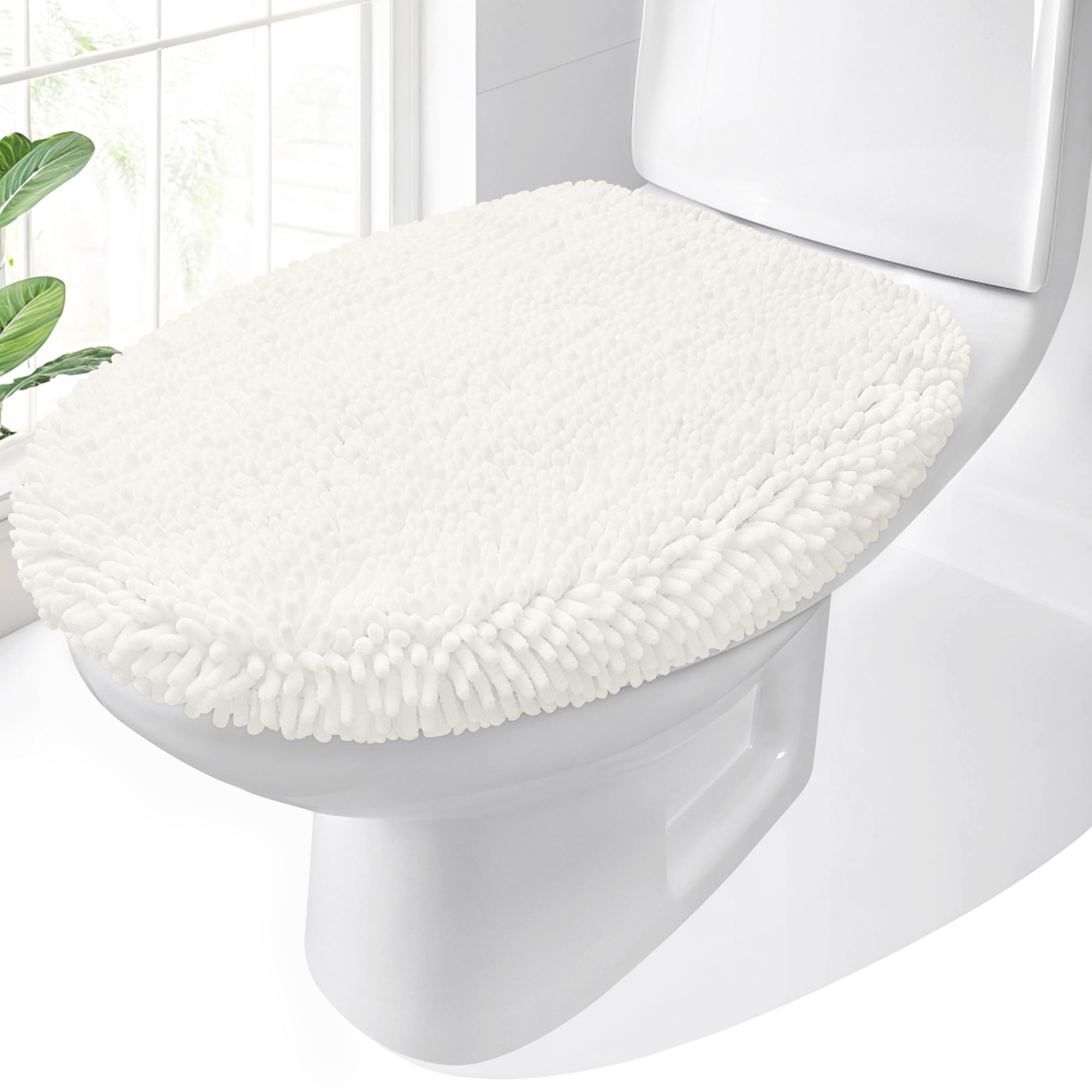 Photo 1 of OLANLY Soft Chenille Bathroom Toilet Lid Cover, Machine Washable Seat Covers, 17.5x15, Stays in Place Rubber Backing, Fits Most Round, Elongated and Oblong Lids, Accessories Decor, Ivory