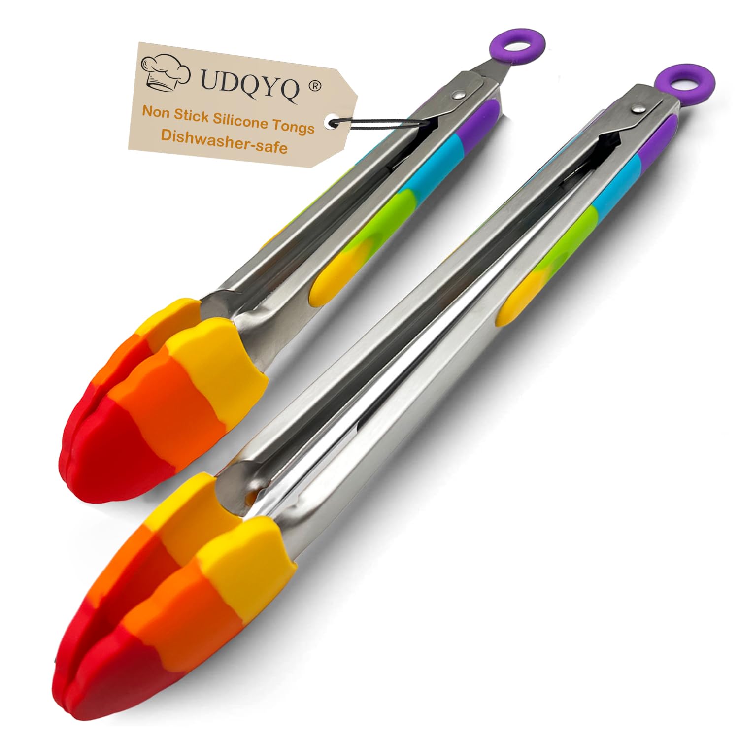 Kitchen Tongs,Silicone Tip Tongs - Stainless Steel Locking, Heat Resistant Cooking Tongs - 9 & 12 inch Set of 2 (Rainbow Colors)