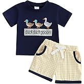 Santikisler Toddler Baby Boy Clothes Summer Mallard Duck Goose Short Sleeve T-Shirt Top Plaid Shorts 2Pcs Farm Outfit Set