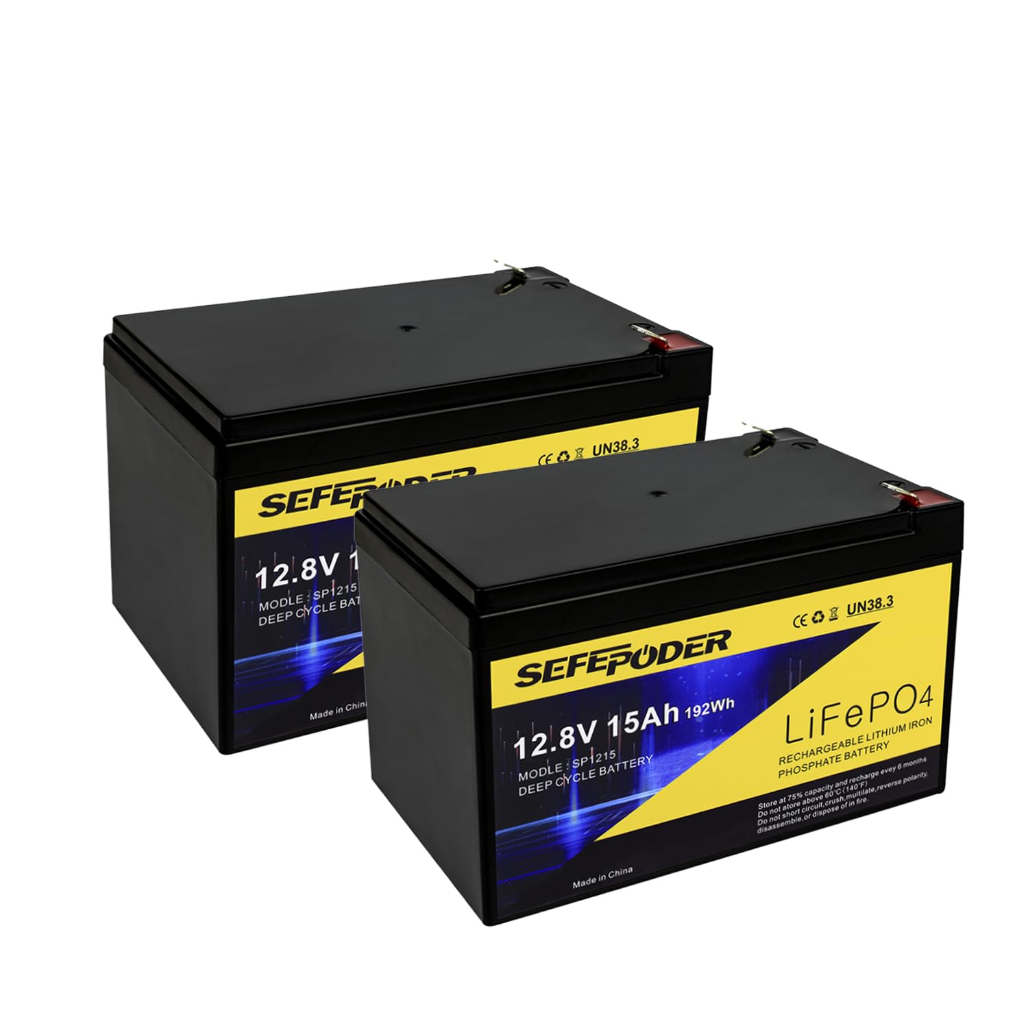 Photo 1 of SEFEPODER 2 Pack 12V 15Ah LiFePO4 Deep Cycle Battery, 2000+ Cycles Rechargeable Battery for Scooter, Lighting, Power Wheels, Fish Finder and More with Built-in 16A BMS