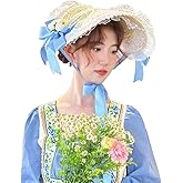 Victorian Womens Tea Party Sun Hat Lolita Bows Florals Flat Straw Hats Womens Wide Brim Sun Hat with Wind Lanyard