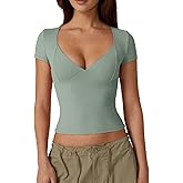 QINSEN Women's V Neck Short Sleeve T Shirts Double Lined Tee Seamed Cup Going Out Tops