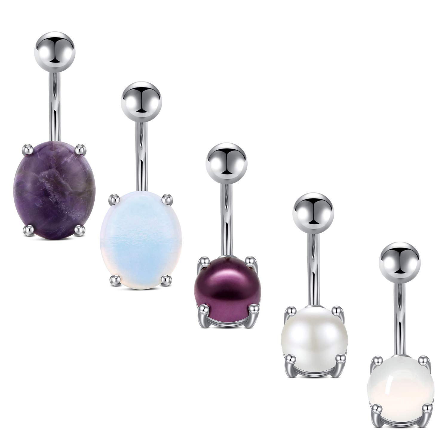 AVYRING 14G Natural Stone Pearl Belly Button Rings Stainless Steel Bar 10MM Belly Navel Piercing for Women Men Body Piercing Jewelry 5PCS - Silver
