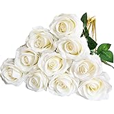 DuHouse 10pcs Fake Roses Artificial Silk Flowers Faux Rose Flower Long Stems Bouquet for Arrangement Wedding Centerpiece Party Home Kitchen Decor(Ivory-White Long Stem)