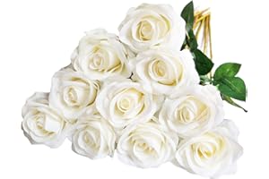 DuHouse 10pcs Fake Roses Artificial Silk Flowers Faux Rose Flower Long Stems Bouquet for Arrangement Wedding Centerpiece Party Home Kitchen Decor(Ivory-White Long Stem)
