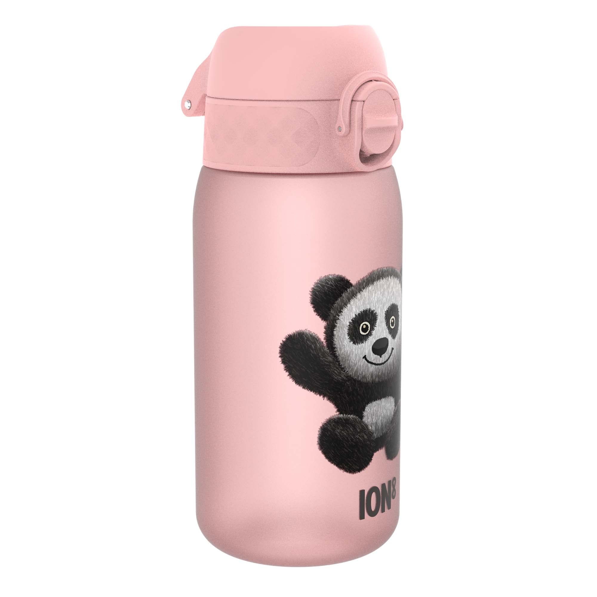 Ion8 Kids Water Bottle, 350 ml/12 oz, Leak Proof, Easy to Open, Secure Lock, Dishwasher Safe, BPA Free, Carry Handle, Hygienic Flip Cover, Easy Clean, Odour Free, Carbon Neutral, Pink, Pandas