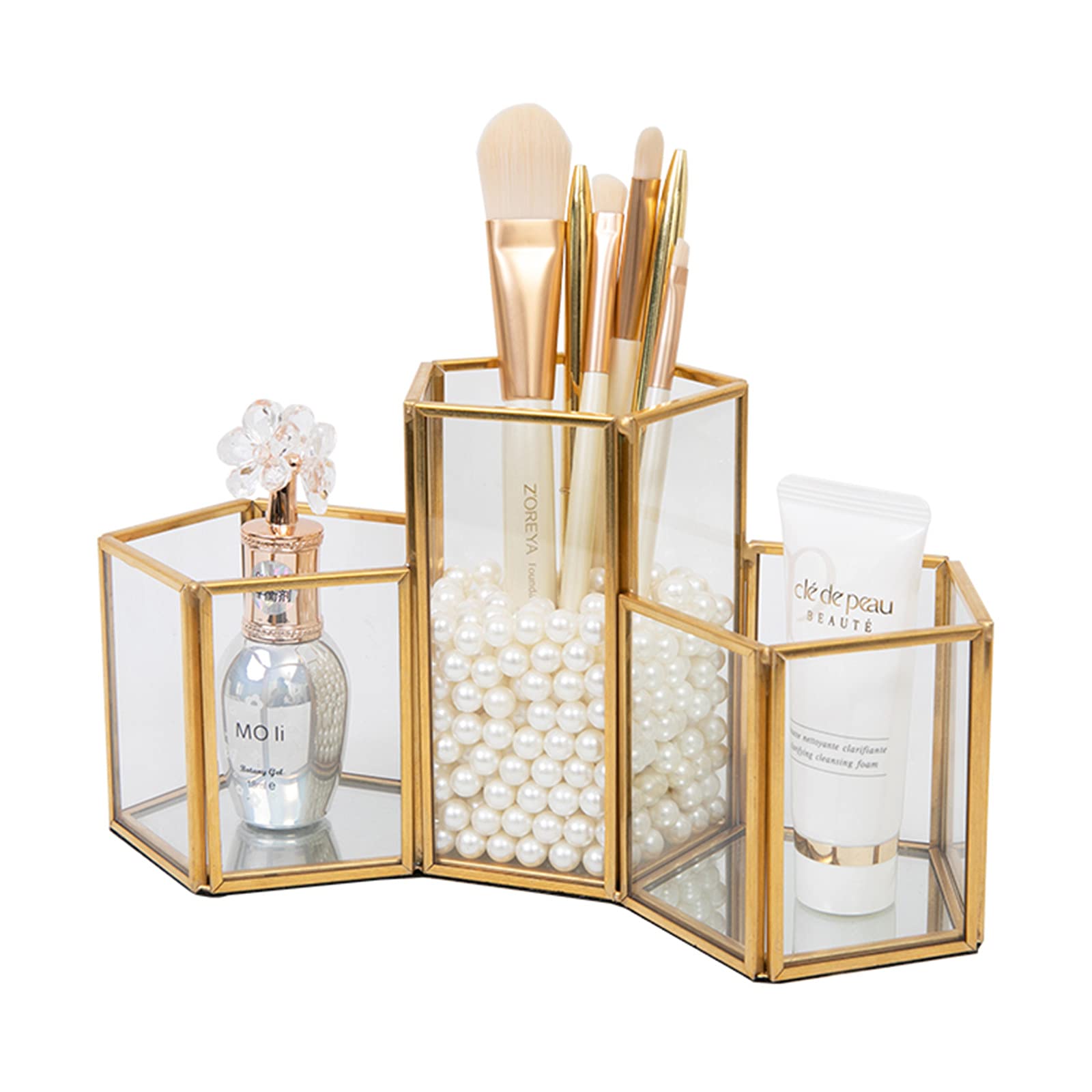 SLHEQING Makeup Organizer Gold Makeup Brush Holder Glass Cosmetic Organizer, Vintage Make up Storage, 3 Compartments Dressing Table Organiser for Brushes, Eyeliner, Pen, Lipstick and More