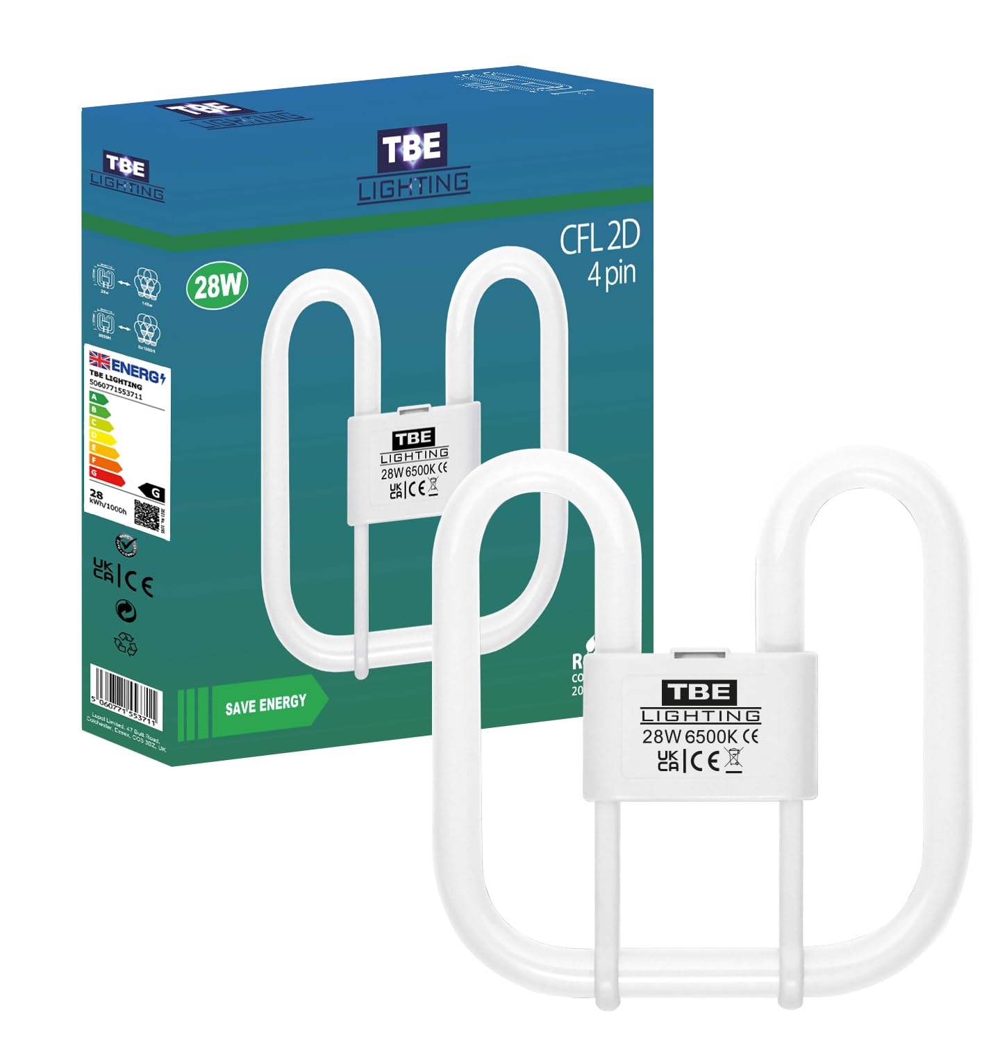 TBE LIGHTING 28w 2D 4-PIN CFL Energy Saving Lamps - DD Fluorescent Bulbs - 4-Pin GR10q Base Fittings - Long Life Lamp, Day Light White 6500K (Single Unit)