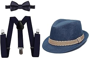 HIHCBF 1920s Kids Costume Accessories Set Boys Party Outfits Adjustable Suspenders Pre-Tied Bow Tie Short Brim Fedora Hat