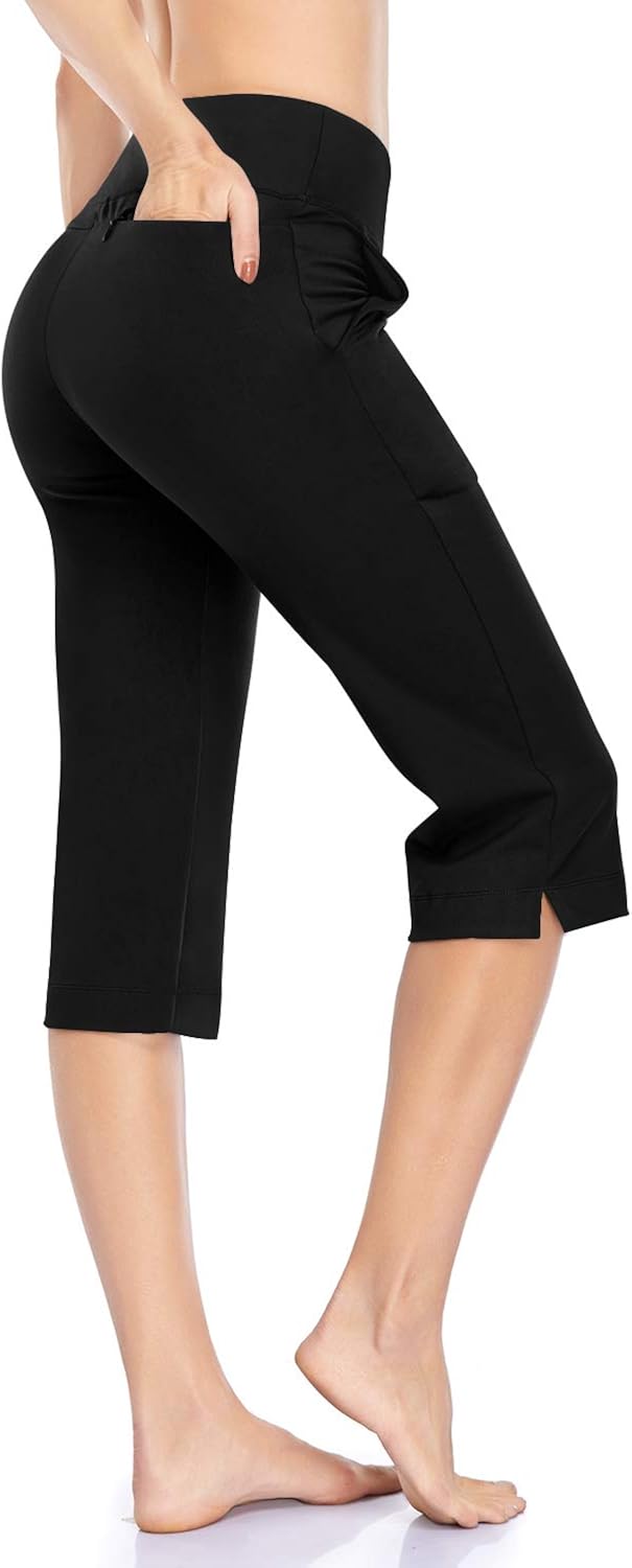 HISKYWIN Women's Yoga Capri Pants with Pockets Lounge Crop Pants Tummy