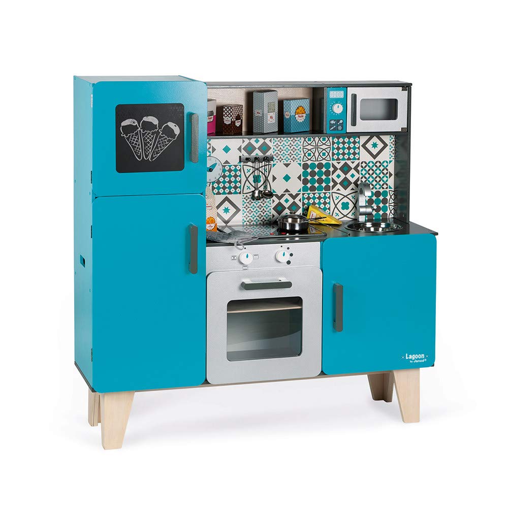 Janod Wooden Play Kitchen Lagoon Maxi with Fridge and Microwave Oven - Pretend Play Toy Kitchen - 15 Accessories Included - From 3 Years Old, J06555